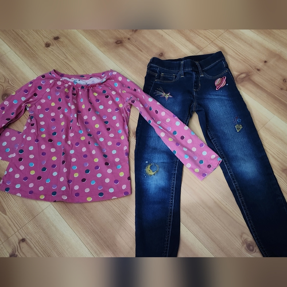 Girl's 2pc Embroidered Jean Blue Circo Girls Pink multi colored Polka Dots Long